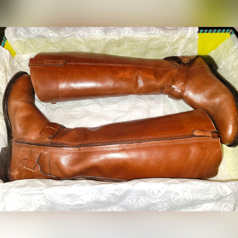 TORY BURCH COLTON RIDING BOOT GALLEON LEATHER / ALMOND / SIZE 6.5M